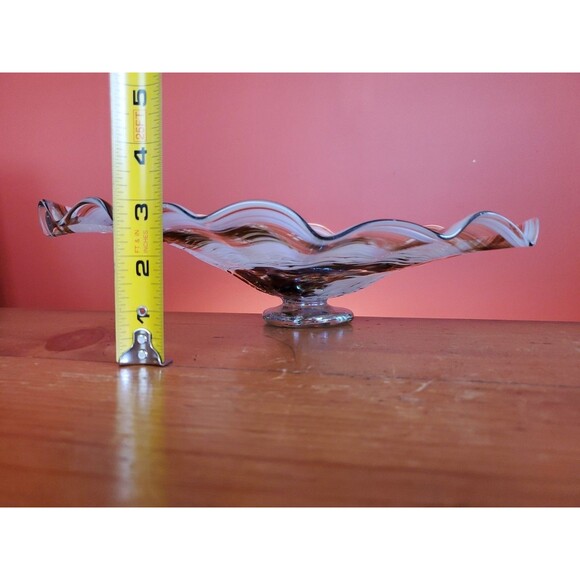 Handmade Blown Art Glass Bowl Ribbon Swirl Ripple Edge Brown Pearlescent Euc - Picture 6 of 10